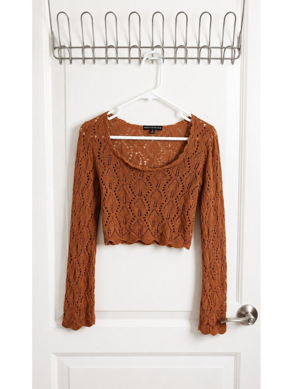 Almost Famous Brown Crochet Open Knit Cropped Sweater Top Medium